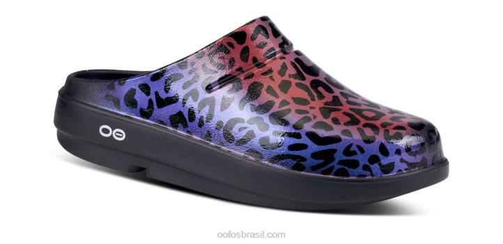 leopardo arco-íris OOFOS tamanco feminino edição limitada oocloog 62V298